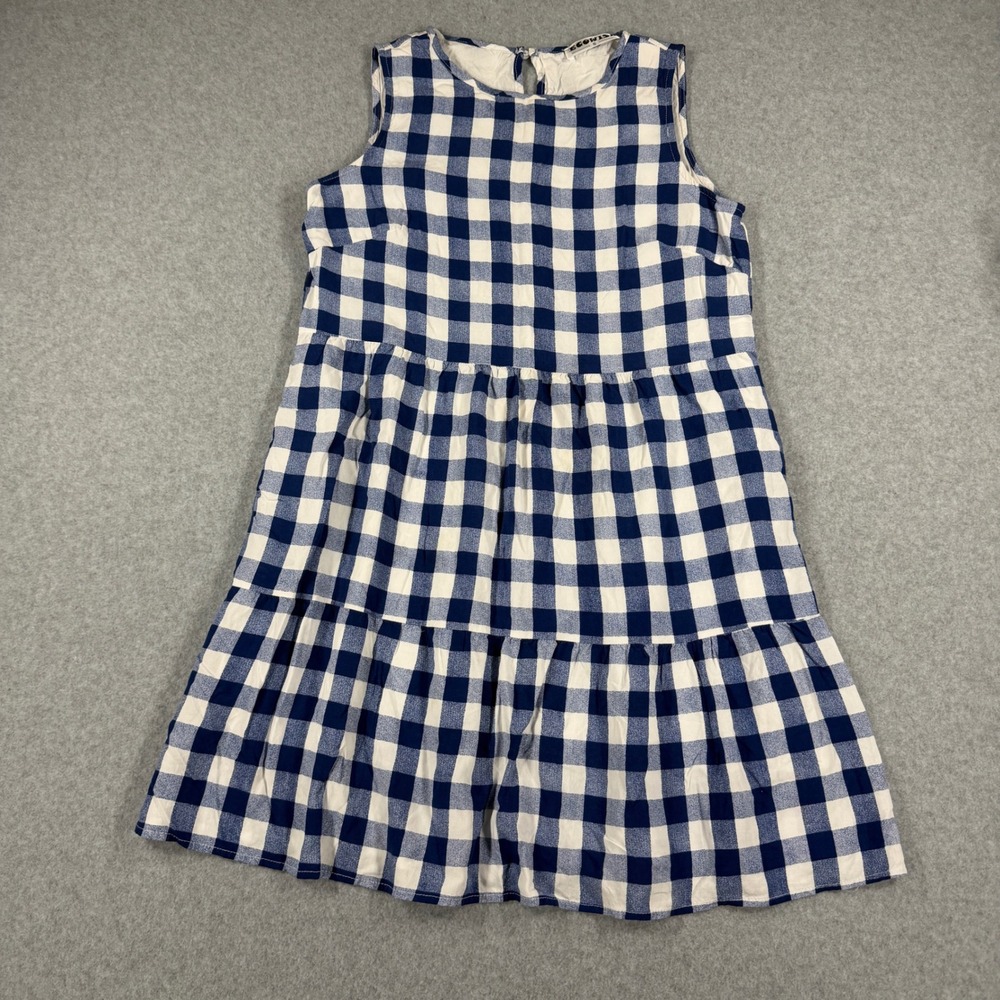 Ecowish Gingham Dress Womens S Blue Tiered Sleeveless Babydoll Cottage Farm